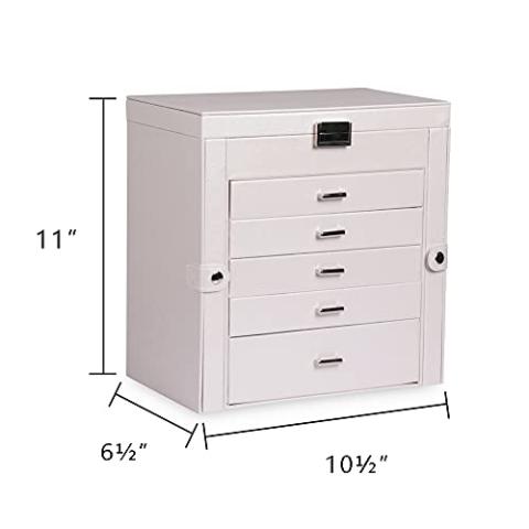 Frebeauty Large Jewelry Box,6-Tier PU Leather Jewelry Organizer,Multi-functional Storage Case with Mirror,Accessories Holder with 5 Drawers for Necklace Bracelets Watches(Pearl White)