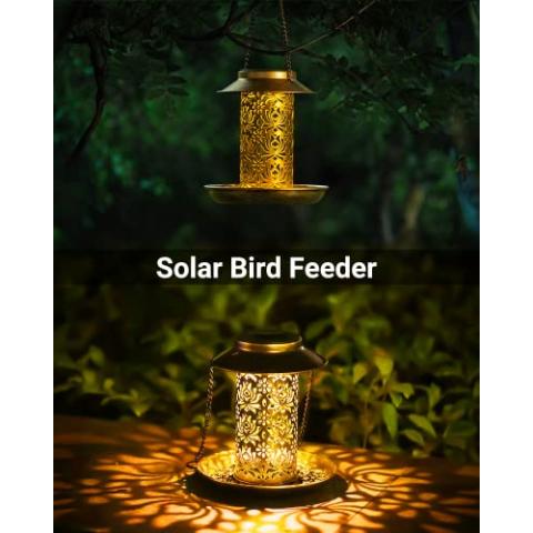 SWEETFULL Solar Bird Feeder for Outdoors Hanging, Metal Wild Bird Feeder for Cardinals Solar Garden Lantern with S Hook as Gift for Bird Lovers (2LBs Heavy Duty birdfeeders)