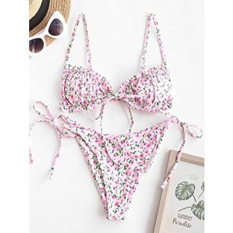 ZAFUL Women's Ditsy Floral Printed Swimsuit Underwired Knotted String Triangle Bikini High Cut Cheeky Bikini Set