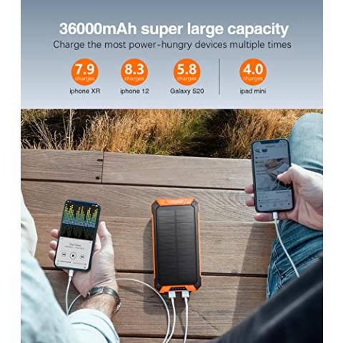 GOODaaa Power Bank Wireless Charger 36000mAh Built in 4 Cables Six Outputs 15W Fast Charging Power Bank for All Mobile Devices Three Inputs Solar Portable Charger with Dual Flashlights, Carabiner