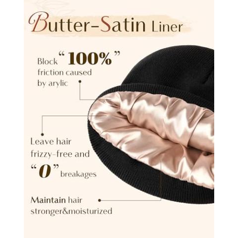 YANIBEST Womens Satin Lined Knit Beanie Hat Acrylic Winter Hats for Women Men Silk Lining Soft Slouchy Warm Cuffed Beanie Hat