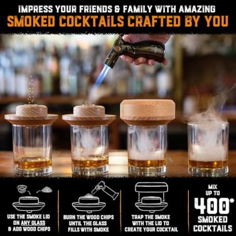 Cocktail Smoker Kit with Torch - High-End Set, USA Oak, Fine Wood Chips - Old Fashioned Cocktail Kit for Whiskey - Bourbon Gifts for Men - Gift from Wife, Daughter, Son (No Butane)