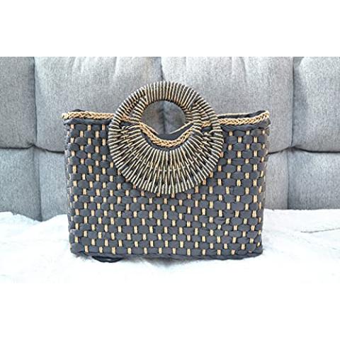 QZUnique Hand-woven Straw Bag Women Summer Beach Handbag Purse Retro Rattan Tote Clutch Travel Bag with Wood Round Top Handle