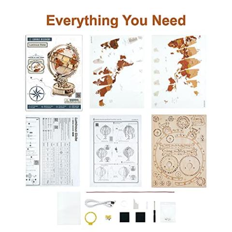 ROBOTIME Wooden Puzzles for Adults Luminous Globe ST003, Toy Building Sets for Adults, Wooden Globe Model Kits with LED Light, House Warming Gifts New Home/Anniversary/Birthday/Teacher/Dad Gift
