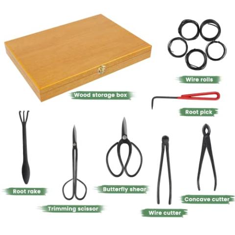 Bonsai Tools Set with Wood Box 12PCS Heavy Duty Bonsai Tree Kit, Trimming Scissor Shears, Concave Cutter, Wire Rolls, Wire Cutter and More, Gardening Bonsai Pruning & Care Kit