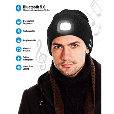 Bluetooth Beanie with Light, Unisex USB Rechargeable 4 LED Headlamp Hat with Wireless Headphones, Unique Christmas Birthday Gifts for Men Him Husband Teen (Black)