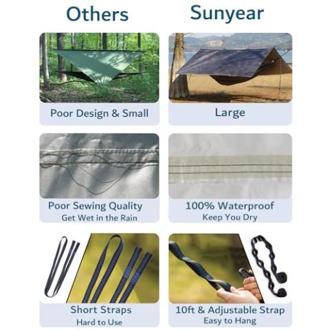 Hammock Camping with Rain Fly Tarp and Net, Portable Camping Hammock Double Tree Hammock Outdoor Indoor Backpacking Travel & Survival, 2 Tree Straps,100% Waterproof