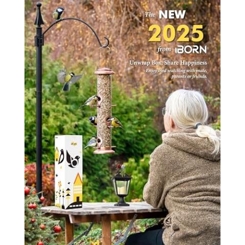 iBorn Metal Bird Feeders Brushed Copper Wild Bird Feeder for Outdoors Hanging All Metal Brushed Copper Finishing 14 Inch 6 Port(Seed is not Included)