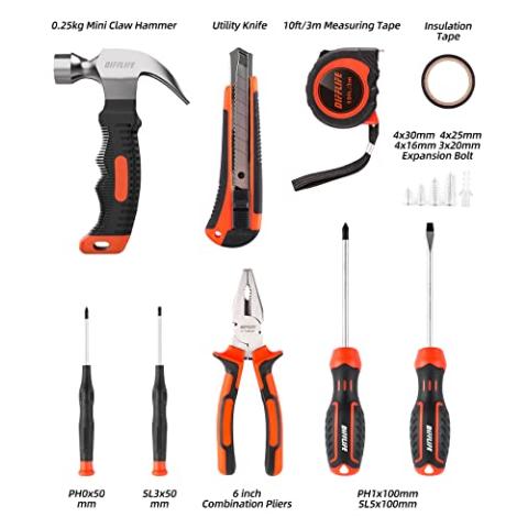 Tool Sets Household Tool Kit, 14-Piece General Home/Auto Repair Tool Set with Hammer, Pliers, Screwdriver Set and Toolbox Storage Case - Perfect for Homeowner, Diyer, Handyman (14-Piece)…