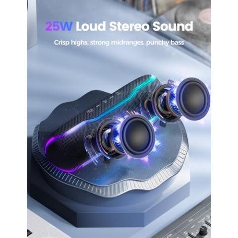 Portable Bluetooth Speaker, IPX7 Waterproof Wireless Speaker with Colorful Flashing Lights, 25W Super Bass 24H Playtime, 100ft Range, TWS Pairing for Outdoor, Home, Party, Beach, Travel
