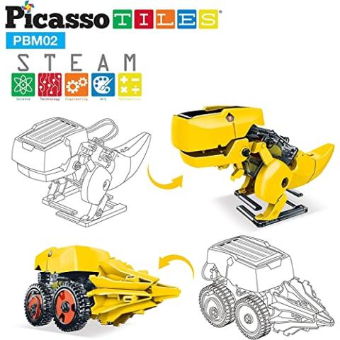 PicassoTiles STEM Kids Solar Powered Dinosaur Robot Educational Learning Engineering Building Toy 3-in-1 Creative Unique Transformation Renewable Sun Energy Science Experiment DIY Kit Boy Girl Age 8+