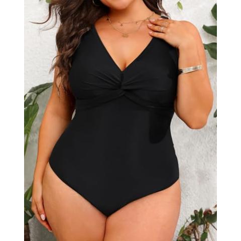 Aqua Eve Women Plus Size One Piece Swimsuits V Neck Tummy Control Bathing Suits Front Cross Swimwear