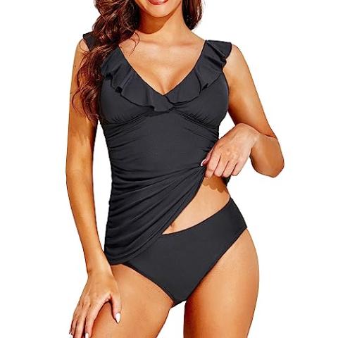 Holipick Two Piece Tankini Swimsuits for Women Tummy Control Bathing Suit Ruffle V Neck Tankini Top with Bikini Bottom