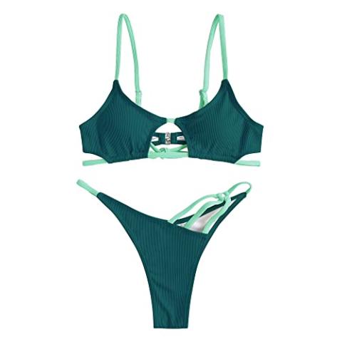 ZAFUL Women's Sexy Cutout Bikini Thong Bikini Set Tie Back Two Piece Swimsuit Bathing Suit