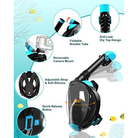 Mask Fins Snorkeling Gear for Adults, Full Face Snorkel Mask & Adjustable Swim Fins Snorkel Set, Panoramic View Snorkel Mask Dry Top System Anti-Fog Anti-Leak