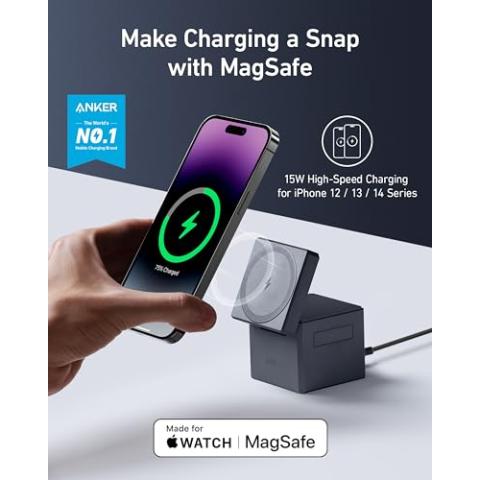 Anker MagSafe Charger Stand,Anker 3-in-1 Cube with MagSafe, 15W Max Fast Charging Stand, Foldable Wireless Charger for iPhone 15/14/13, Apple Watch S1-8/Ultra, AirPods (30W USB-C Charger Included)