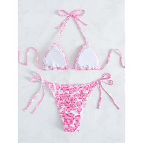 MakeMeChic Women's Halter Tie Side Triangle Bikini Set high Cut 2 Piece Bikini Swimsuit Bathing Suit