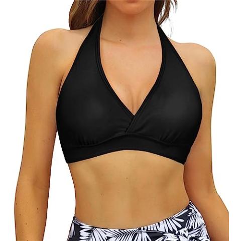 Women's Supportive Halter Bikini Padded Push Up Ruched Bust Hook Back Swimsuit Bathing Suit Tops Only