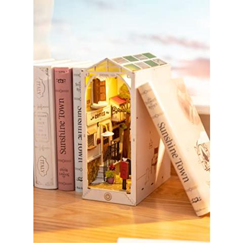 ROBOTIME DIY Book Nook Kit Bookend Stand Bookshelf Insert Bookcase Miniature House with Sensor Light 3D Wooden Puzzle Model Building (Sunshine Town)