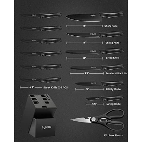 Utility Knife Set, syvio 15pcs Knife Sets for Kitchen with Block and Sharpener, Razor-Sharp, Effortless Sharpening, Premium Kitchen Knives with Heavy Poultry Shears and 6pcs Serrated Steak Knives