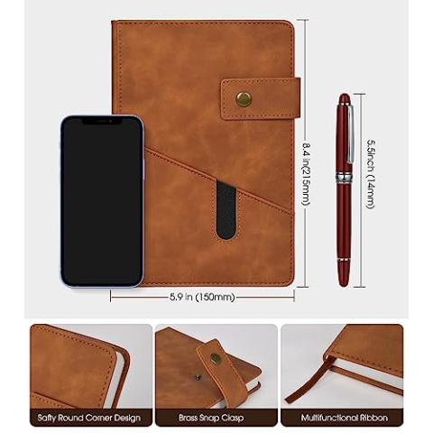 Brown A5 Lined Leather Journal Notebook for Men Women,5.9 X 8.4" Personalized Hardcover Journal with Pen,200 Pages 100 Gsm Thick Ruled Paper Daily Diary for School,Travel,Business,Work,Home Writing