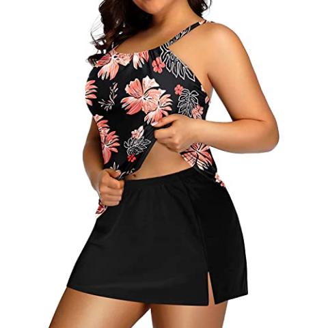 Yonique Women Two Piece Plus Size Tankini with Skirt Tummy Control Bathing Suits High Neck Swimsuits