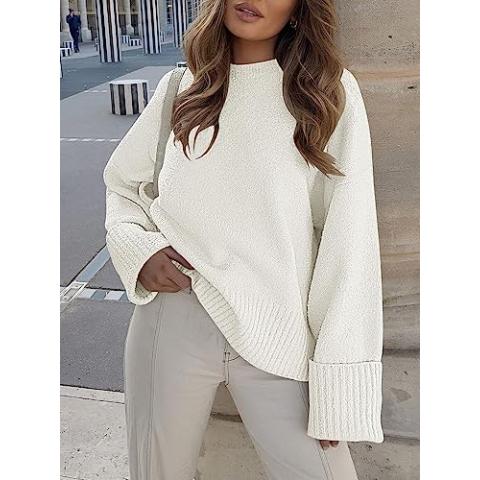 ANRABESS Women's Oversized Crewneck Long Sleeve Fuzzy Knit Casual Chunky Warm 2024 Fall Pullover Sweaters Top Trendy Outfits White Large