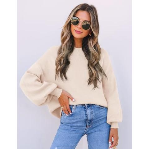 ZESICA Women's 2024 Casual Turtleneck Long Lantern Sleeve Oversized Ribbed Knit Pullover Sweater Jumper Top,Beige,Medium