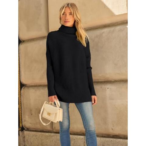 LILLUSORY Oversized Sweaters Women Long Turtleneck Turtle Neck Tunic 2024 Trendy Mock Pullover Batwing Sweater Tops Wear Leggings Black
