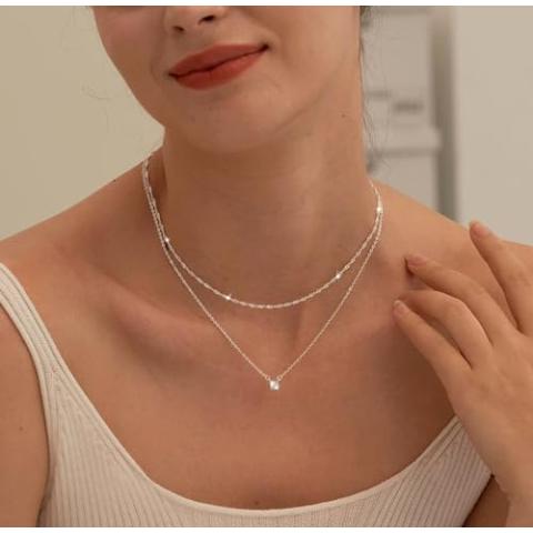 Tewiky Silver Necklace for Women, Dainty Silver Layered Necklaces Sterling Silver Diamond Pendant Necklace Simple Silver Chain Choker Necklaces Fashion Silver Set Jewelry Gifts for Womens