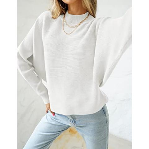 ZESICA Women's 2024 Fall Turtleneck Batwing Long Sleeve Ribbed Knit Casual Soft Pullover Sweater Jumper Top,White,Medium