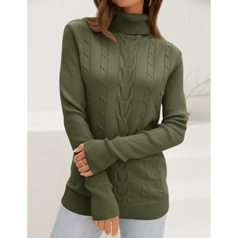 LEANI Womens 2024 Turtleneck Sweaters Cable Knit Long Sleeve Pullover Sweater Jumper ArmyGreen Medium