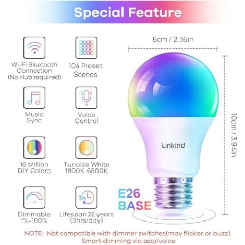 Linkind Smart Light Bulbs, Smart Bulb That Work with Alexa & Google Home, LED Light Bulbs Color Changing, 64 Preset Scenes, Music Sync, A19 E26 2.4GHz RGBTW WiFi Bluetooth Light Bulb 60W, 800LM, 4Pack