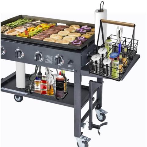 Picnic Caddy and Grill Utensil Caddy,Condiment Caddy, Grill-Caddy,Adjustable Compartment Storage,with 3 Hooks,Sturdy Thick,Easy Carry,Quick Assemble Grill Accessories Storage-Black