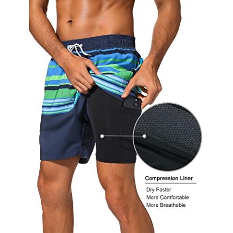 SILKWORLD Quick Dry Mens Swimming Trunks with Compression Liner Bathing Suit Swim Shorts with Zip Pockets