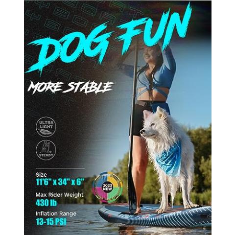 11'6"×34"×6" Extra Wide Inflatable Paddle Board, Stand Up Paddle Board for Fishing, Sup Board with 3 Removable Fins, Dual Bungees, Camera Mount, Hand Pump, Strong Paddle, 5L Dry Bag, Leash