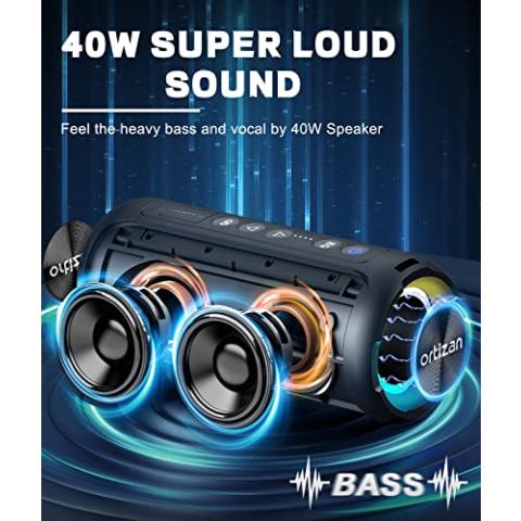 Ortizan Bluetooth Speakers, 40W Loud Stereo Portable Wireless Speaker, IPX7 Waterproof Shower Speakers with Bluetooth 5.3, Deep Bass, LED Light, Microphone, True Wireless Stereo for Home, Outdoor