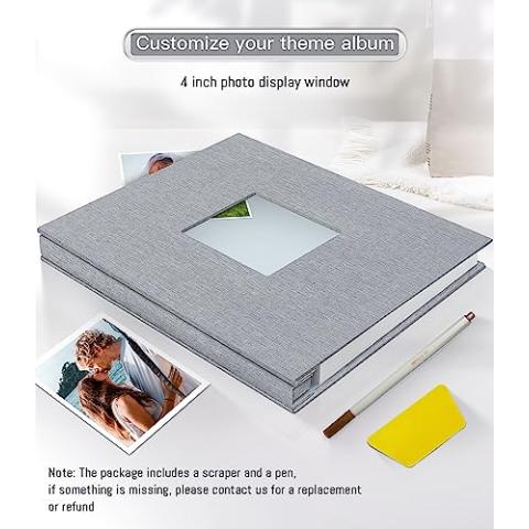 Popotop Photo Album Self Adhesive with Picture Display Window,40 Pages DIY Baby Memory Book for 4x6 8x10 Picture,Linen Cover Scrapbook for Wedding,with Scraper and Metallic Pen