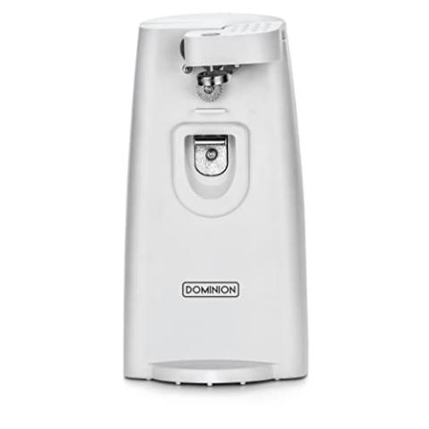 Dominion Tall Electric Can Opener, Easy Push Down Lever, Knife Sharpener, Bottle Opener & Built-In Cord Storage, Opens All Standard-Size and Pop-Top Cans, Easy to Clean, White