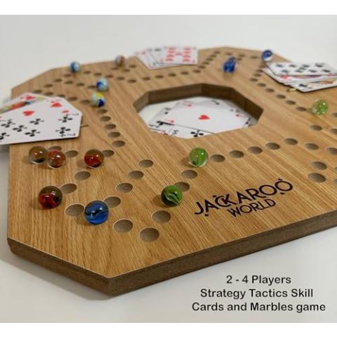 Jackaroo Board Game - Strategy, Competitive, Fun 2-4 Player Marbles and Card Game for Family, Friends, Kids & Adults - Classic Original Game - Wooden Board Foldable and Open in The Middle (Oak)