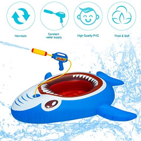Inflatable Floating Pool Toys for Kids Pool Float Swimming Ring Beach Water Floats Shark Boat with Water Gun Inflated Ride on Float Summer Water Games Toy for Boys Girls