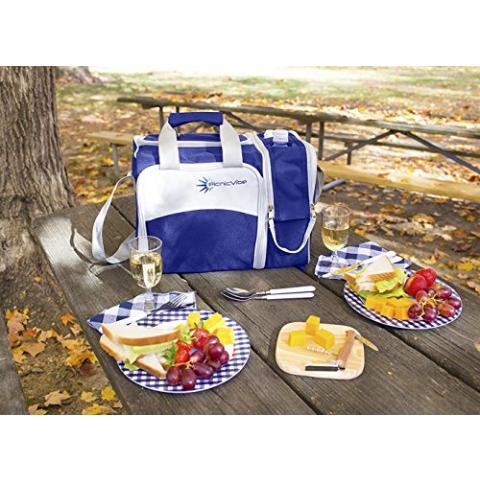 Picnic Basket Bag Set, 2 Person Insulated Tote with Cooler Compartment. Two Bottle Section Setting, includes Wine Glasses, Plates, Cutlery and Complete Flatware