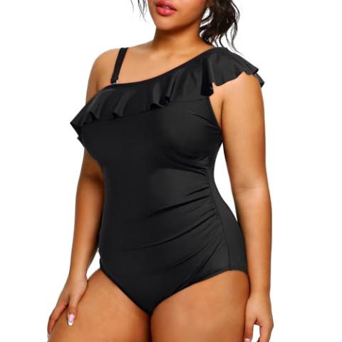 Aqua Eve Plus Size Bathing Suits for Women One Piece Swimsuits One Shoulder Ruffle Tummy Control Swimwear