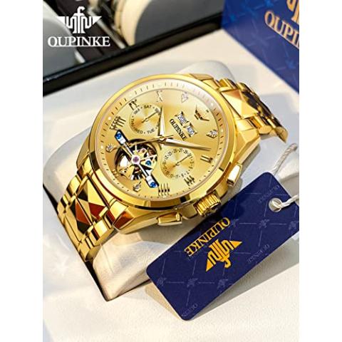 OUPINKE Men's Skeleton Mechanical Watches Luxury Dress Automatic Self Winding Sapphire Crystal Waterproof Tungsten Steel Band Wrist Watches