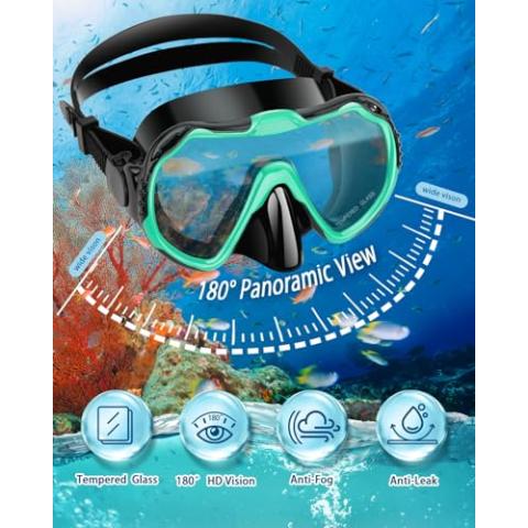 Snorkeling Gear for Adults, Dry Snorkel Set, Panoramic Anti-Leak and Anti-Fog Tempered Glass Lens, Adjustable Snorkeling Gear with Mesh Bag Ear Plug for Snorkeling Scuba Diving Travel