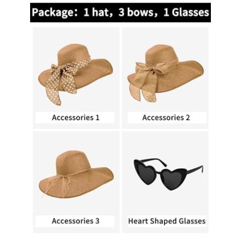 Womens Sun Hat - Wide Brim Floppy Beach Hats for Women Foldable Straw Hat with Heart Shaped Sunglasses UPF 50+