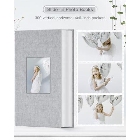 Popotop Photo Album 4x6-300 Photos Linen Cover Photo Books with 300 Horizontal Pockets,Slip-in Picture Albums for Family Wedding Anniversary Baby Vacation Pictures Gray