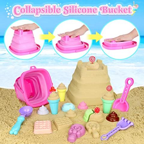 Collapsible Beach Toys Set for Kids Toddlers Girls, Collapsible Sand Bucket and Shovels Set with Mesh Bag & Sand Molds, Ice Cream Travel Sand Toys for Beach, Sandbox Toys for Toddlers Kids Age 3-10