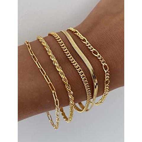 DEARMAY Gold Bracelets for Women Trendy Gold Jewelry Set for Women Cuban Link Chain 14K Gold Plated Filled Figaro Paperclip Rope Herringbone Bracelet Pack 18K Gifts for Women