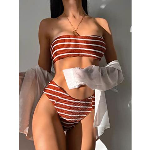 ZAFUL Women Strapless Bikini Set Lace Up Ribbed High Cut Bandeau 2 Piece Swimsuit